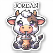 Schattigee Kawaii Koe met Bubble Tea Gepersonalise Sticker (Voorkant)