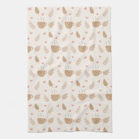 Schattigee Kawaii Koffie en bladeren Herfstpatroon Theedoek (Verticaal)