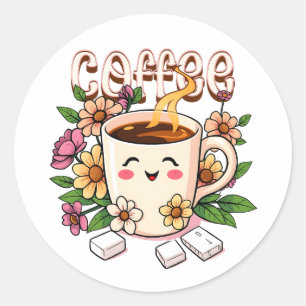 Schattigee Kawaii Koffie en Bloemen Ronde Sticker