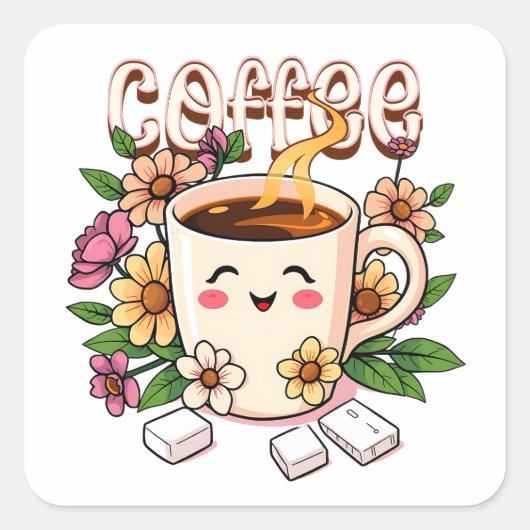 Schattigee Kawaii Koffie en Bloemen Vierkante Sticker (Voorkant)