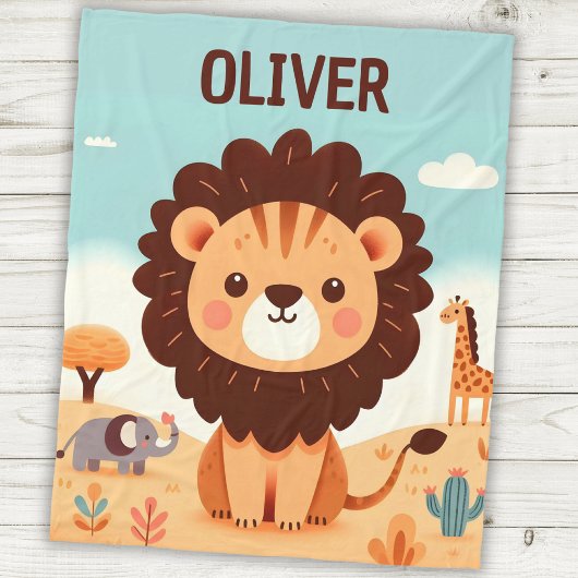 Schattigee Kawaii Leeuw in Savanna gepersonaliseer Fleece Deken