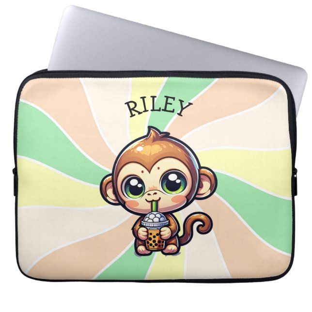 Schattigee Kawaii Monkey met Bubble Tea Gepersonal Laptop Sleeve (Voorkant)