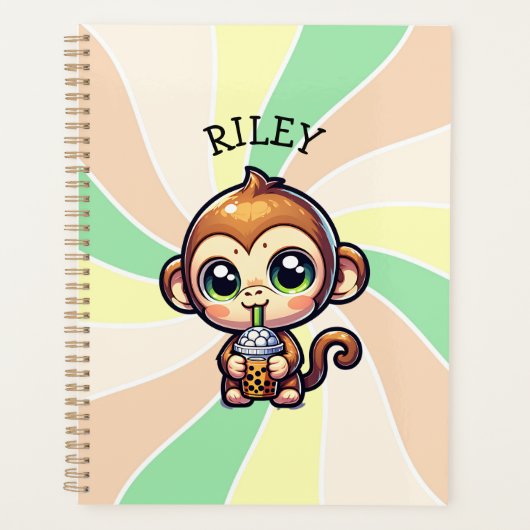 Schattigee Kawaii Monkey met Bubble Tea Gepersonal Planner (Voorkant)