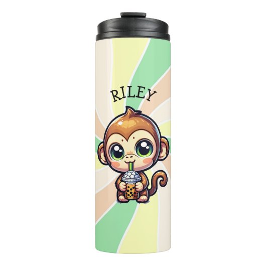 Schattigee Kawaii Monkey met Bubble Tea Gepersonal Thermosbeker (Voorkant)