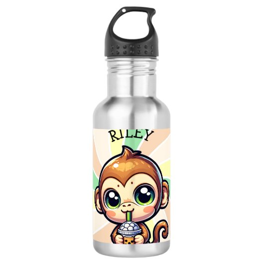 Schattigee Kawaii Monkey met Bubble Tea Gepersonal Waterfles (Voorkant)