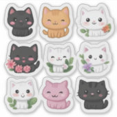 Schattigee Kawaii Multicolor Bloemen Kat Sticker S (Voorkant)