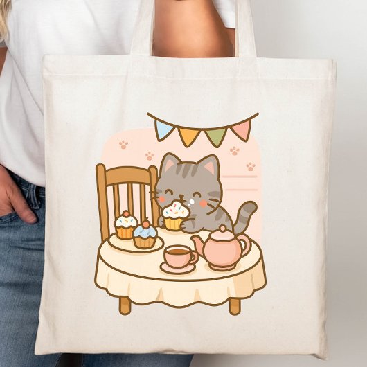 Schattigee Kawaii Naughty Cat steelt een cupcake Tote Bag