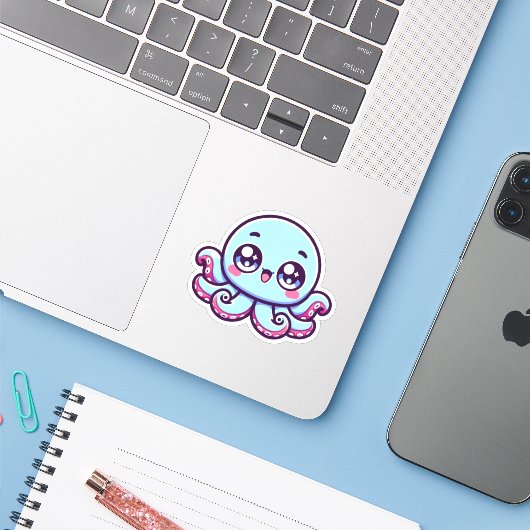 Schattigee Kawaii Octopus Custom-Cut Vinyl Sticker (Laptop met iPhone)