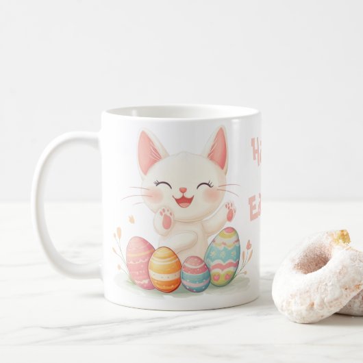 Schattigee Kawaii Paaskat Mok – Pastel Kat Pasen (Met donut)