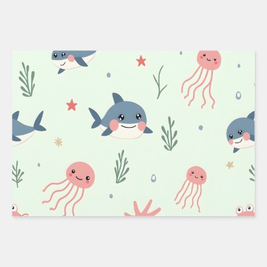 Schattigee kawaii pastel oceaandieren inpakpapier vel (Voorkant)