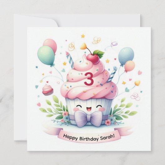 Schattigee Kawaii Pink Cupcake Happy Birthday Kaart (Voorkant)