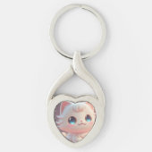 Schattigee Kawaii pluizige witte kat Sleutelhanger (Voorkant)
