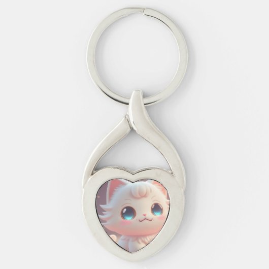 Schattigee Kawaii pluizige witte kat Sleutelhanger (Voorkant)