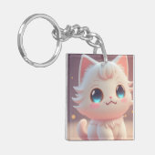 Schattigee Kawaii pluizige witte kat Sleutelhanger (Voorkant Links)