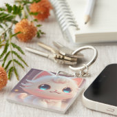 Schattigee Kawaii pluizige witte kat Sleutelhanger (Voorkant Rechts)