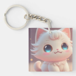 Schattigee Kawaii pluizige witte kat Sleutelhanger