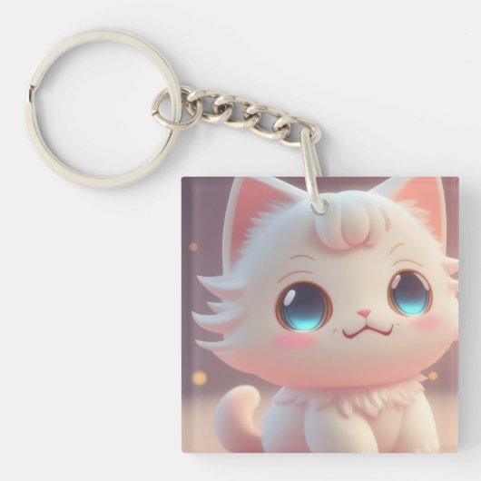 Schattigee Kawaii pluizige witte kat Sleutelhanger (Voorkant)