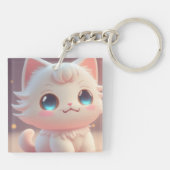 Schattigee Kawaii pluizige witte kat Sleutelhanger (Achterkant)