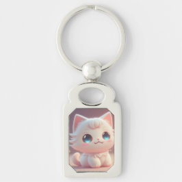 Schattigee Kawaii pluizige witte kat Sleutelhanger