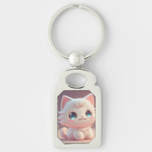 Schattigee Kawaii pluizige witte kat Sleutelhanger (Voorkant)