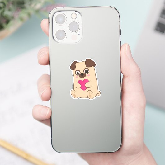 Schattigee Kawaii Pug roze hart Valentijn Sticker (Telefoon)