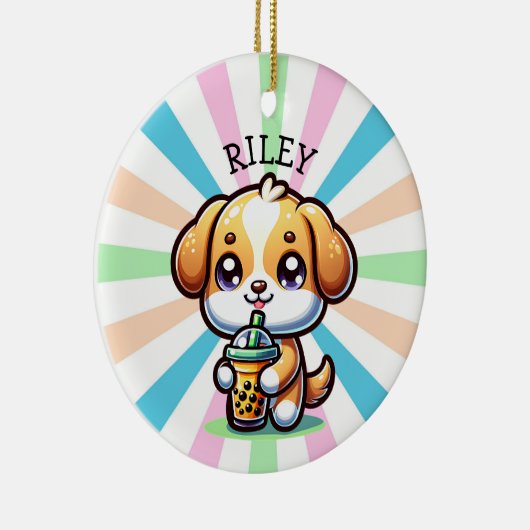 Schattigee Kawaii Puppy Dog met Bubble Tea Geperso Keramisch Ornament (Rechts)