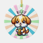 Schattigee Kawaii Puppy Dog met Bubble Tea Geperso Keramisch Ornament (Voorkant)