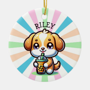 Schattigee Kawaii Puppy Dog met Bubble Tea Geperso Keramisch Ornament