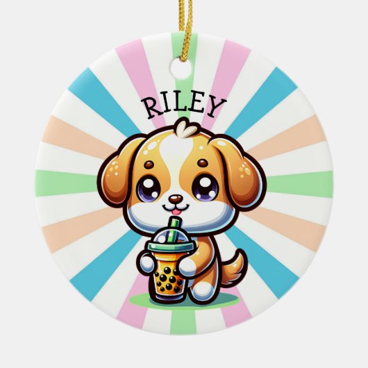 Schattigee Kawaii Puppy Dog met Bubble Tea Geperso Keramisch Ornament (Voorkant)
