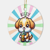 Schattigee Kawaii Puppy Dog met Bubble Tea Geperso Keramisch Ornament (Links)