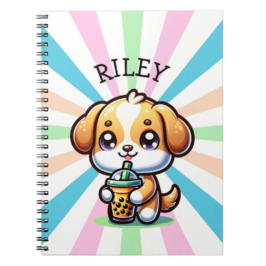 Schattigee Kawaii Puppy Dog met Bubble Tea Geperso Notitieboek (Voorkant)