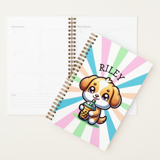 Schattigee Kawaii Puppy Dog met Bubble Tea Geperso Planner (Display)