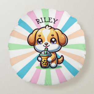 Schattigee Kawaii Puppy Dog met Bubble Tea Geperso Rond Kussen