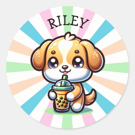 Schattigee Kawaii Puppy Dog met Bubble Tea Geperso Ronde Sticker (Voorkant)
