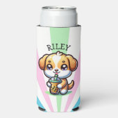 Schattigee Kawaii Puppy Dog met Bubble Tea Geperso Seltzer Blikjeskoeler (Seltzer Achterkant)