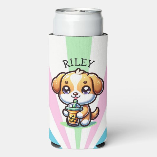 Schattigee Kawaii Puppy Dog met Bubble Tea Geperso Seltzer Blikjeskoeler (Seltzer Achterkant)