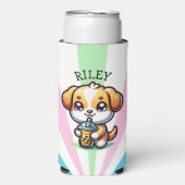 Schattigee Kawaii Puppy Dog met Bubble Tea Geperso Seltzer Blikjeskoeler (Seltzer Voorkant)