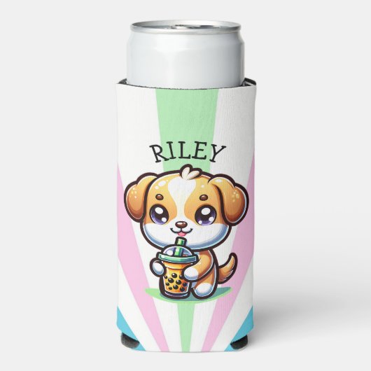 Schattigee Kawaii Puppy Dog met Bubble Tea Geperso Seltzer Blikjeskoeler (Seltzer Voorkant)
