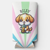 Schattigee Kawaii Puppy Dog met Bubble Tea Geperso Seltzer Blikjeskoeler (Achterkant)