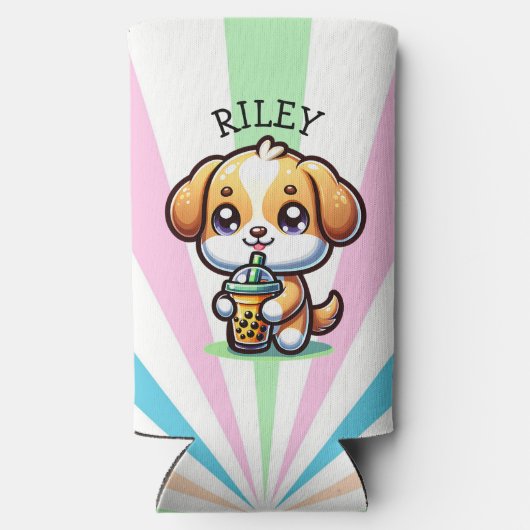Schattigee Kawaii Puppy Dog met Bubble Tea Geperso Seltzer Blikjeskoeler (Achterkant)