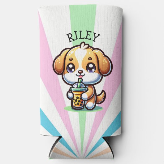Schattigee Kawaii Puppy Dog met Bubble Tea Geperso Seltzer Blikjeskoeler (Voorkant)