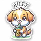 Schattigee Kawaii Puppy Dog met Bubble Tea Geperso Sticker (Voorkant)