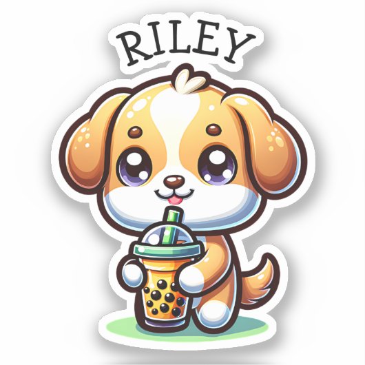 Schattigee Kawaii Puppy Dog met Bubble Tea Geperso Sticker (Voorkant)