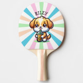Schattigee Kawaii Puppy Dog met Bubble Tea Geperso Tafeltennisbatje (Voorkant)