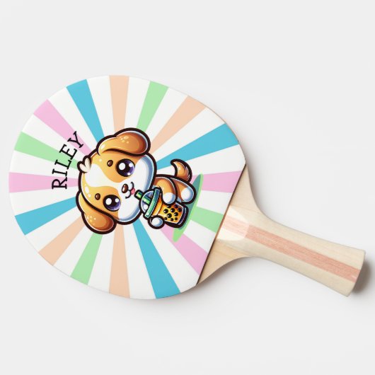 Schattigee Kawaii Puppy Dog met Bubble Tea Geperso Tafeltennisbatje (Zijkant)