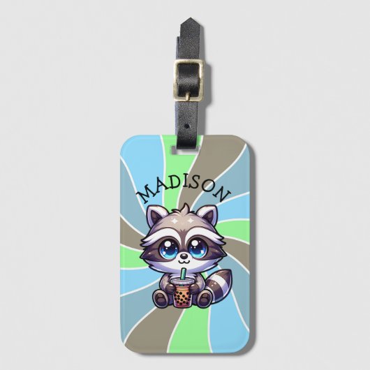 Schattigee Kawaii Raccoon met Bubble Tea Gepersona Bagagelabel (Voorkant (verticaal))