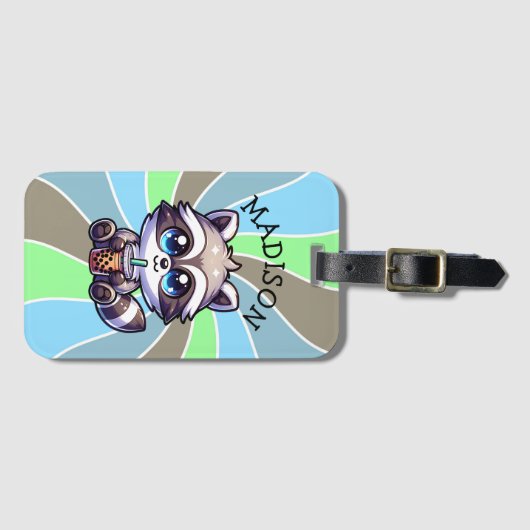 Schattigee Kawaii Raccoon met Bubble Tea Gepersona Bagagelabel (Voorkant (horizontaal))