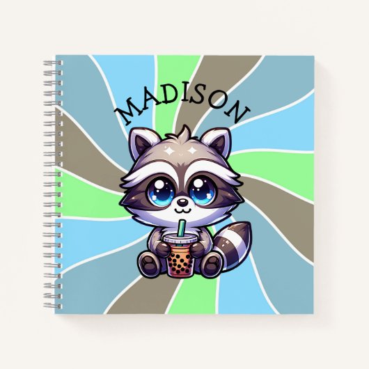 Schattigee Kawaii Raccoon met Bubble Tea Gepersona Notitieboek (Voorkant)