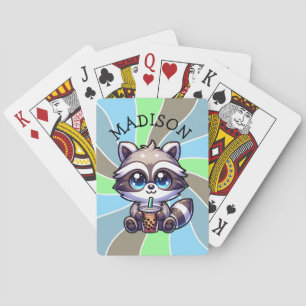 Schattigee Kawaii Raccoon met Bubble Tea Gepersona Pokerkaarten