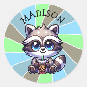 Schattigee Kawaii Raccoon met Bubble Tea Gepersona Ronde Sticker
